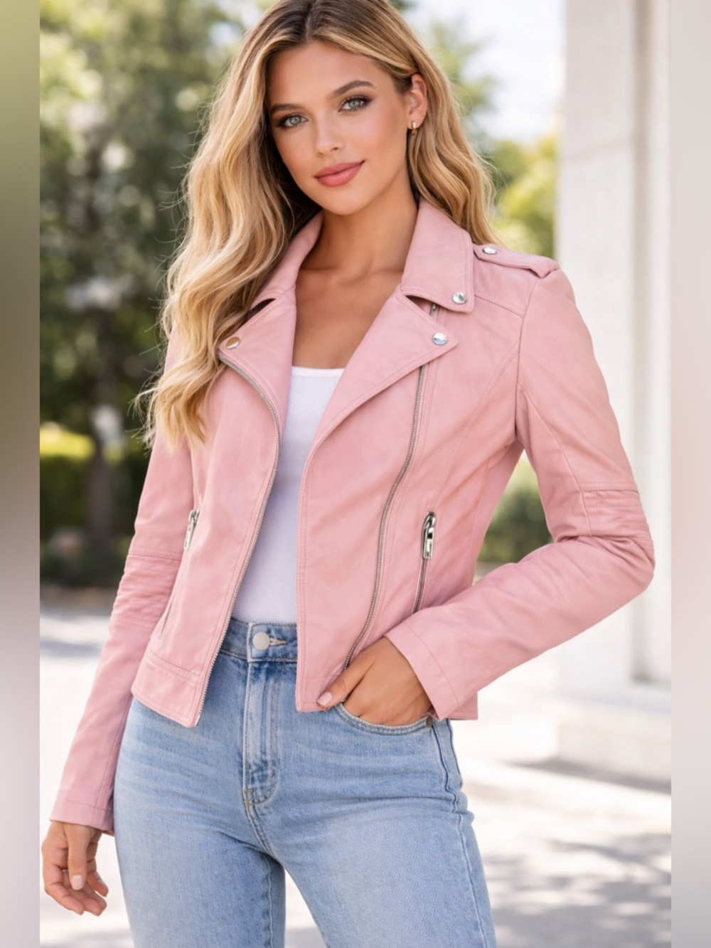 GUESS Pink Moto Jacket Small Faux Leather Blush Biker Style Zip Up - Picture 2 of 10
